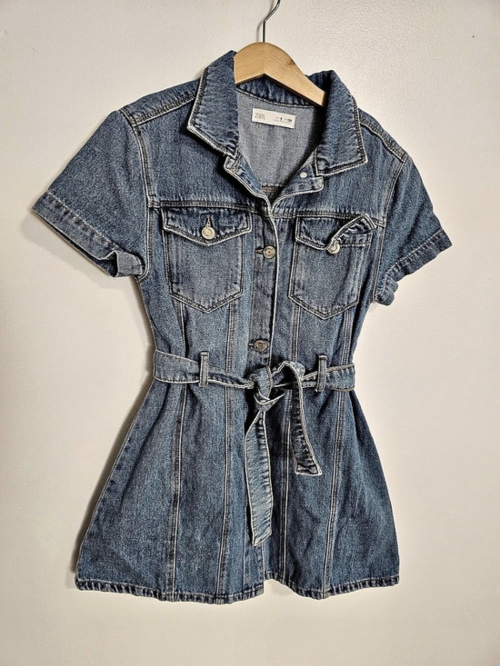 🧸2/20$ Zara Kids Belted Denim Shirt Dress Blue Size 9 Girl